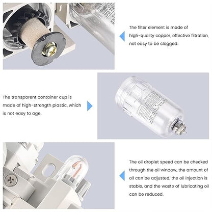 1/4 Inch Compressor Air Filter Pressure Regulator Water-Oil Trap Separator Filter with Lubricator Cup AC2010-02