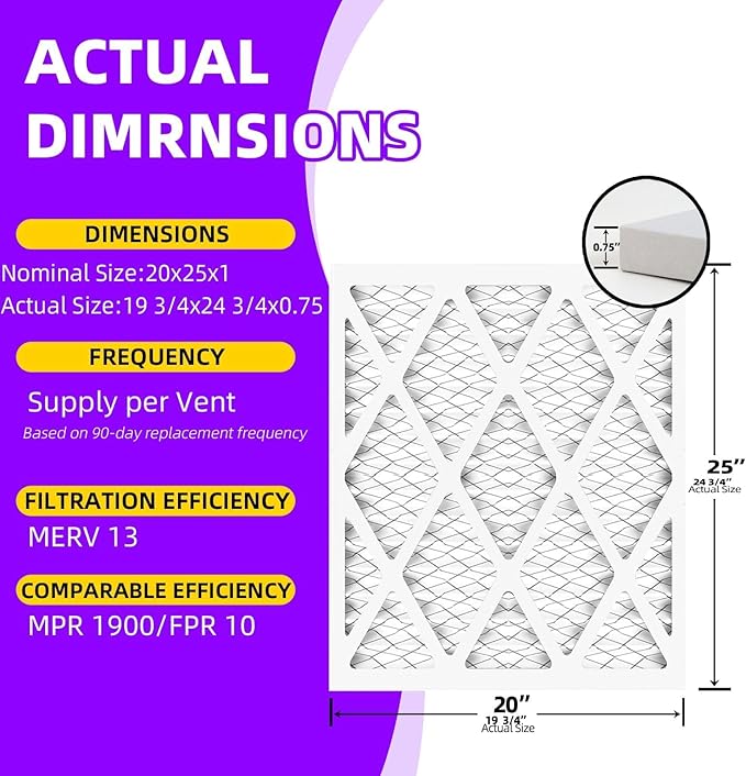 20x25x1 MERV 13 (6-Pack) Pleated Air Filter (Actual Size: 19.75"x24.75"x0.75") MPR 1900 & FPR 10, Furnace Air Filters, 20x25x1 air filter