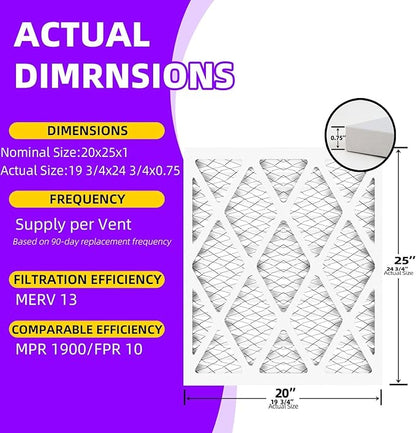 20x25x1 MERV 13 (6-Pack) Pleated Air Filter (Actual Size: 19.75"x24.75"x0.75") MPR 1900 & FPR 10, Furnace Air Filters, 20x25x1 air filter