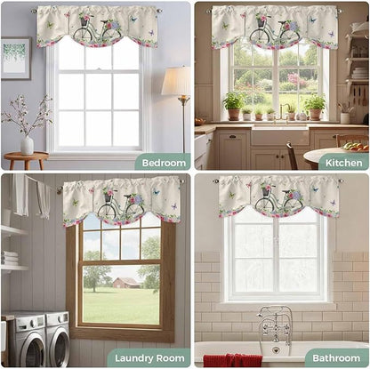 Farmhouse Spring Tie Up Valance Curtains for Windows, Kitchen Curtains Window Shades, Retro Bicycles Flowers Vines Butterfly Light Filtering Roman Curtain Valances for Bedroom/Bathroom/Cafe 42"x18"