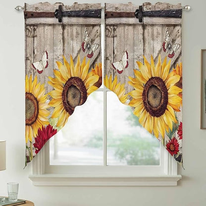 Sunflowers Swag Valances for Windows, Retro Flower Barn Doors Butterfly Farmhouse Brown Rod Pocket Kitchen Curtains Valance, Kitchen Window Curtains Swag for Cafe Living Room, 2 Panels, 36x45 inch