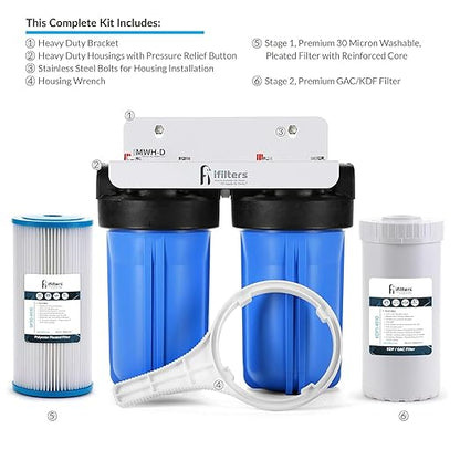 iFilters 2-Stage 10" Well Water Whole House Filtration Complete Commercial Grade System | Removes Sediment, Chlorine, Rust, Odor, Taste, Iron, Heavy Metals | Dual Stage with 1" Ports