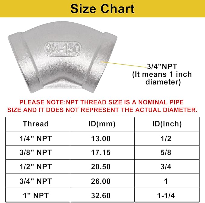 45 Degree Elbow 2PCS, 3/4" NPT Female x 3/4" NPT Female 304 Stainless Steel Pipe Fitting, Connector Coupler Apply to Outdoor/Garden/Industrial