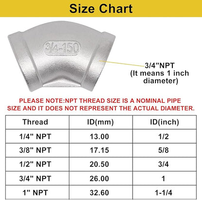 45 Degree Elbow 2PCS, 3/4" NPT Female x 3/4" NPT Female 304 Stainless Steel Pipe Fitting, Connector Coupler Apply to Outdoor/Garden/Industrial