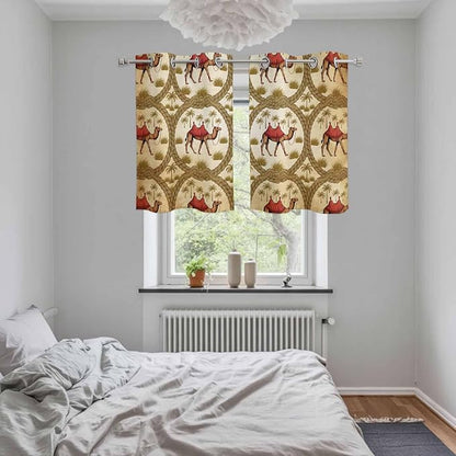 2 Panel Kitchen Cafe Curtains, Brown Desert Camels Sunlight Filtering Nature Air Through, Window Decor Tier Curtains for Living Room 55W x 39L inch Tropical Date Coconut Trees Cords Leaves