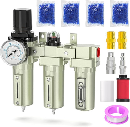 Industrial Grade 3-Stage Air Drying System, 3/4" NPT with Manual Drain, Desiccant Dryer, Air Regulator, Particulate Filter and Coalescing Filter for Paint Spray, Plasma Cutter