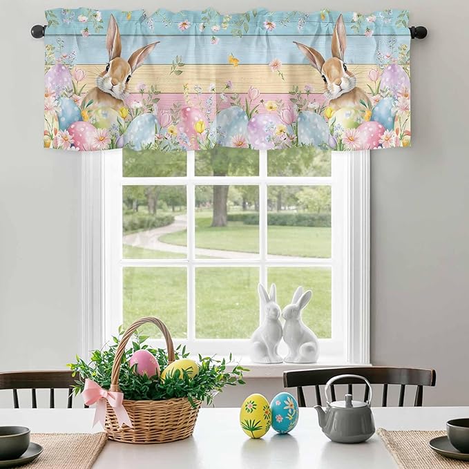 Kitchen Valances for Window, Spring Easter Eggs Rabbit Flower Light Filtering Rod Pocket Valance Curtain, Plant Colorful Wood Grain Short Curtains Window Topper for Bedroom Living Room 42x12in