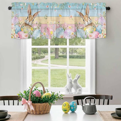 Kitchen Valances for Window, Spring Easter Eggs Rabbit Flower Light Filtering Rod Pocket Valance Curtain, Plant Colorful Wood Grain Short Curtains Window Topper for Bedroom Living Room 42x12in