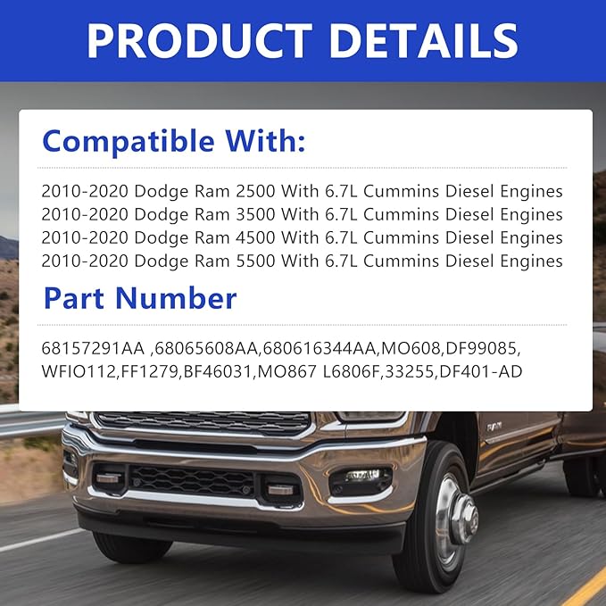 6.7L Cummins Fuel Filter 68157291AA - Compatible with 2010-2020 Dodge Ram 2500 3500 4500 5500 6.7 Diesel Engines - Replace# 68065608AA