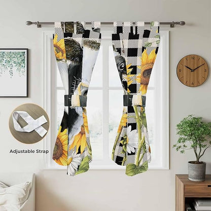Retro Sunflowers Living Room Curtains 84 Inch Length, Window Curtains Tab Top, Farmhouse Floral Cow Butterfly Black Plaid Light Filtering Window Treatments Drapes 42"x84" 2 Panel
