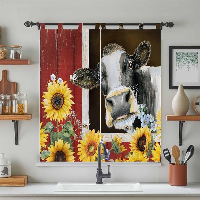 Cows Sunflowers Living Room Curtains 84 Inch Length, Window Curtains Tab Top, Rustic Farms Barns Flowers Bees Animals Light Filtering Window Treatments Drapes 42"x84" 2 Panel