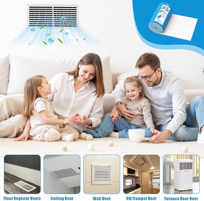 Air Vent Filters Roll, 120" x 12" Cut to Fit Air Filter Material (50+ Filters), MERV 8 Triple Vent Filter for Home Floor, HVAC Furnace Vents, Ceiling, with Adhesive Hook Tape and Installation Tape
