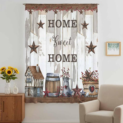 Farmhouse Sheer Curtains 72 Inch Length Retro Country Star Berry Vintage Wood Grain Chiffon Curtain for Bedroom Living Room Light Filtering Rod Pocket Window Treatments Voile Curtains Drapes