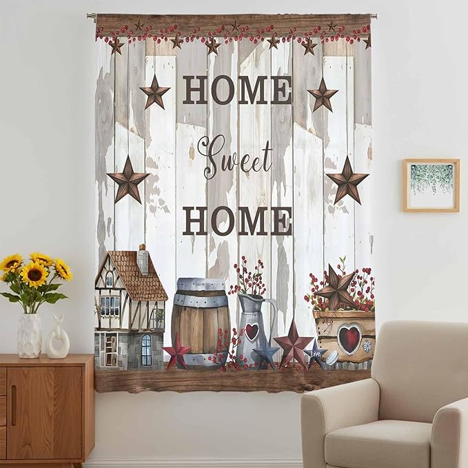Farmhouse Sheer Curtains 96 Inch Length Retro Country Star Berry Vintage Wood Grain Chiffon Curtain for Bedroom Living Room Light Filtering Rod Pocket Window Treatments Voile Curtains Drapes