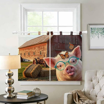 Farm Pig Kitchen Curtains 45 Inch Length, Short Cafe Window Curtains Tab Top, Farmhouse Barn Funny Animals Butterfly Light Filtering Window Treatments Tier Drapes 27.5"x45" 2 Panel