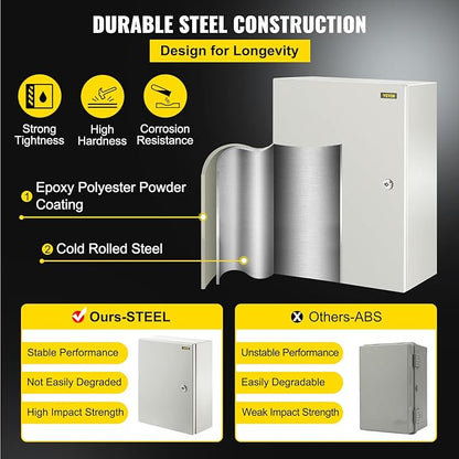 VEVOR Electrical Enclosure Box, 16'' ×12'' ×6'', Carbon Steel Hinged Junction Box, IP66 Waterproof & Dustproof, Outdoor Electrical Box, with Mounting Plate
