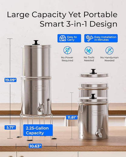 Waterdrop Gravity-fed Water Filter System, Reduces Lead and up to 99% of Chlorine, NSF/ANSI 42&372 Standard, with 2 Black Carbon Filters and Metal Spigot, King Tank Series
