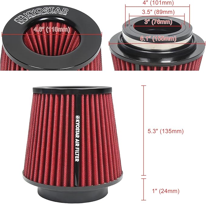 KYOSTAR Universal 3/3.5/4" (75/89/100mm) High-Flow Air Filter, Reusable Cone Cold Air Intake, High Performance, Clamp-On Car High Flow Dry Air Kit, Flange Diameter: 3/3.5/4 Inch, Height: 6.2 Inch, Red