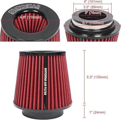 KYOSTAR Universal 3/3.5/4" (75/89/100mm) High-Flow Air Filter, Reusable Cone Cold Air Intake, High Performance, Clamp-On Car High Flow Dry Air Kit, Flange Diameter: 3/3.5/4 Inch, Height: 6.2 Inch, Red