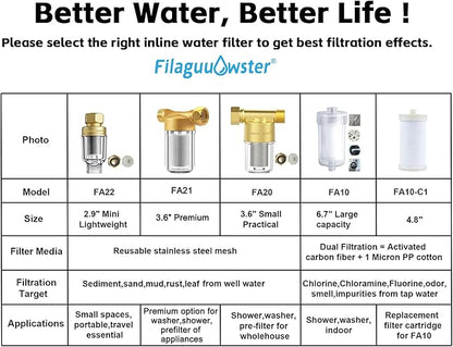 FA21 Washer Water Filter Reusable, brass garden hose filter with 3/4" adapters, 40-50 Micron, inline sediment filter for washing machine shower well water RV Car Wash