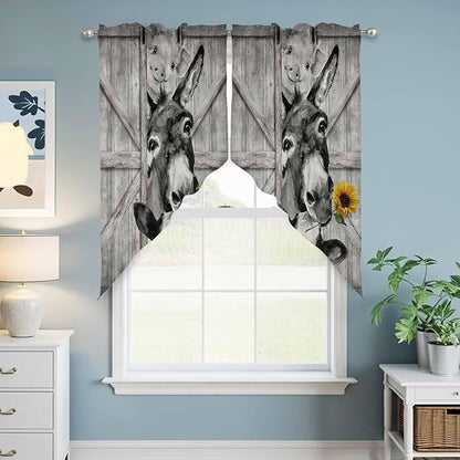 Funny Farm Animals Swag Valances for Windows, Vintage Barn Grey Sunflowers Rod Pocket Kitchen Curtains Valance, Kitchen Window Curtains Swag for Cafe Bathroom Living Room, 2 Panels, 36x63 inch