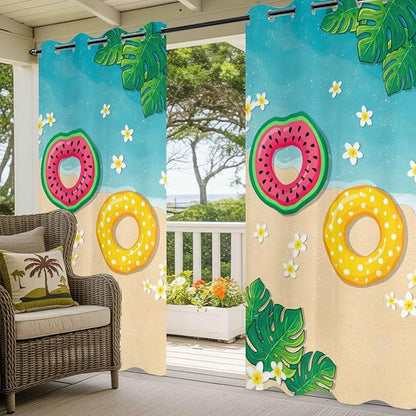 Summer Outdoor Curtains for Patio Plumeria Swimming Circles Ocean Beach Waterproof Outside Curtains with Grommet Top Weatherproof Curtain for Cabana Pergola Gazebo, 2 Pack, 54" W x 108" L