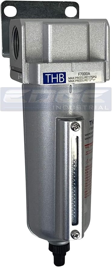 HEAVY DUTY INDUSTRIAL RATED HIGH FLOW PARTICULATE FILTER, IN-LINE WATER TRAP FOR COMPRESSED AIR LINE SYSTEMS, 5 MICRON WITH METAL BOWL AND AUTO DRAIN (1/2" NPT, 5oz)