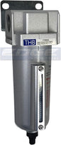 HEAVY DUTY INDUSTRIAL RATED HIGH FLOW PARTICULATE FILTER, IN-LINE WATER TRAP FOR COMPRESSED AIR LINE SYSTEMS, 5 MICRON WITH METAL BOWL AND AUTO DRAIN (3/4" NPT, 5oz)