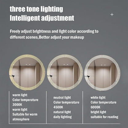 31.5 Inch LED Round Bathroom Mirror,Wall Mounted Multifunction Bathroom Vanity Mirror with Led Three-Color Light and Demister Pad, Circular Wall Mounted Vanity Mirror for Home Bathrooms,Shopping Malls