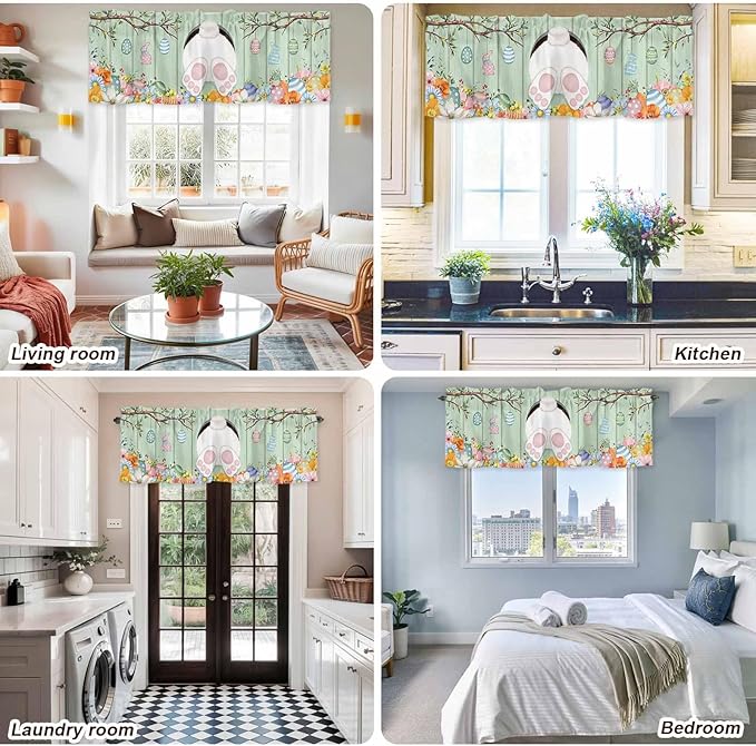 Easter Curtain Valances for Windows, Kitchen Valance Window Treatment, Spring Watercolor Bunny Eggs Wooden Grain Green Light Filtering Block Curtains for Bathroom/Bedroom/Living Room 42'' x 18''