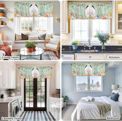 Easter Curtain Valances for Windows, Kitchen Valance Window Treatment, Spring Watercolor Bunny Eggs Wooden Grain Green Light Filtering Block Curtains for Bathroom/Bedroom/Living Room 42'' x 12''