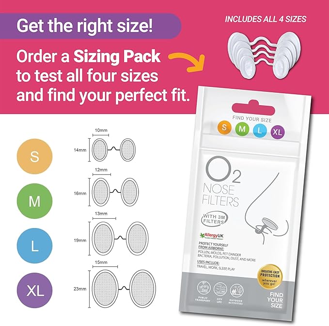 O2 Nose Filters with 3M Filtration - Nasal Screens for Allergies, Dust & Smoke - Drug-Free & Latex-Free Nose Filters - Invisible Allergy Protection (X-Small x 10)