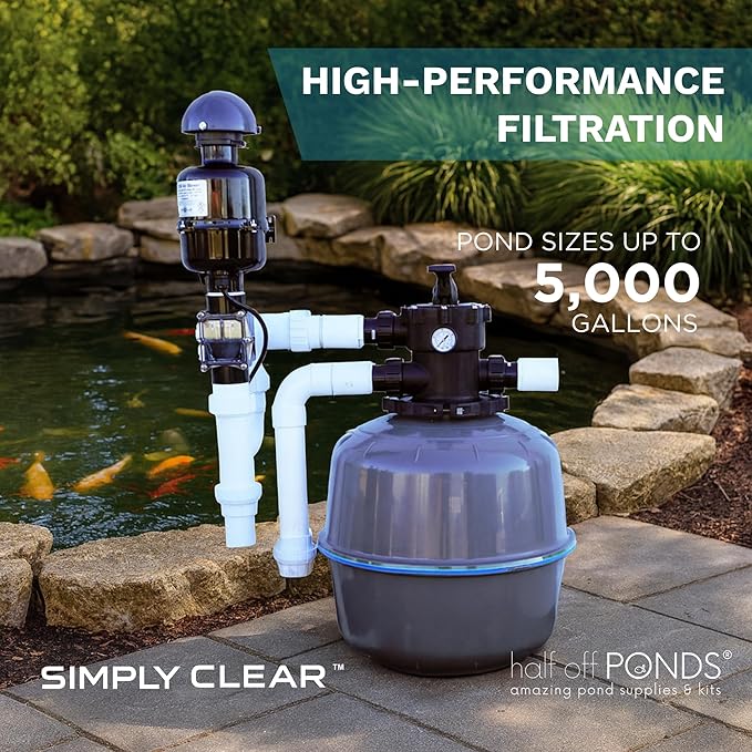 HALF OFF PONDS Simply Clear Koi Pond Filter System with 2HP Blower – Filters Ponds Up to 5,000 Gallons – Bio Comb Media, 6-Way Valve, Pressure Gauge- Mechanical & Biological Filtration
