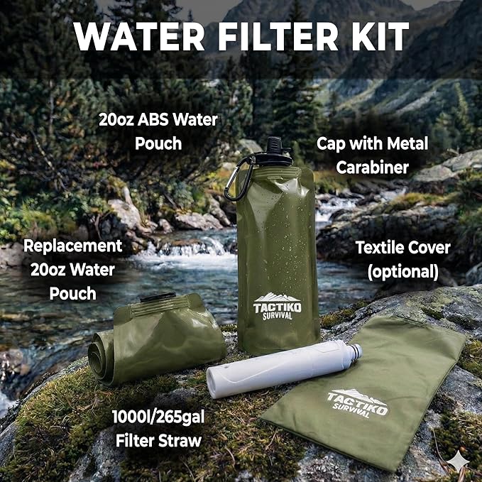 Tactiko Survival 20oz/600ml Purifying Water Bottle Filter Kit - Filter 265 Gal. Water from Rivers, Lakes & Streams - SGS Certified - UF Membrane, Activated Carbon - Camping, Hiking, Emergency (Green)