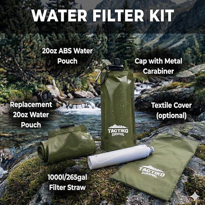 Tactiko Survival 20oz/600ml Purifying Water Bottle Filter Kit - Filter 265 Gal. Water from Rivers, Lakes & Streams - SGS Certified - UF Membrane, Activated Carbon - Camping, Hiking, Emergency (Green)