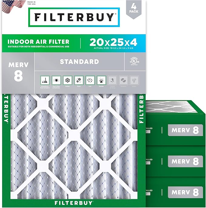 Filterbuy 20x25x4 Air Filter MERV 8 Essential Dust & Allergy Defense (4-Pack), Electrostatic Pleated HVAC AC Furnace Filters Replacement, Made in USA (Actual Size: 19.50 x 24.50 x 3.63)