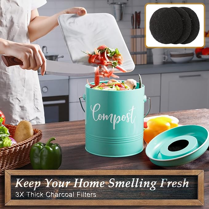 Teal Compost Bin - 1.3 Gallon Countertop Compost Bin with Lid - Rust Proof Compost Bucket - Teal Kitchen Decor