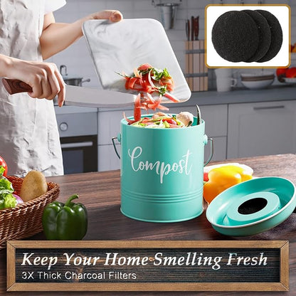 Teal Compost Bin - 1.3 Gallon Countertop Compost Bin with Lid - Rust Proof Compost Bucket - Teal Kitchen Decor
