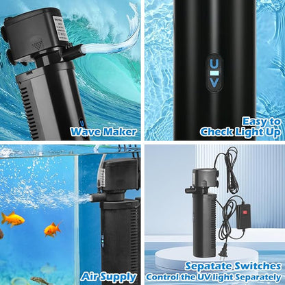 TARARIUM Aquarium Filter U-V for 20-75 Gallon, 200GPH Fish Tank Filter w/ 5W U-V Light Green Clean Machine Submersible Powerful Pump Internal Filter for Turtle Tank Saltwater Freshwater Crystal Clear