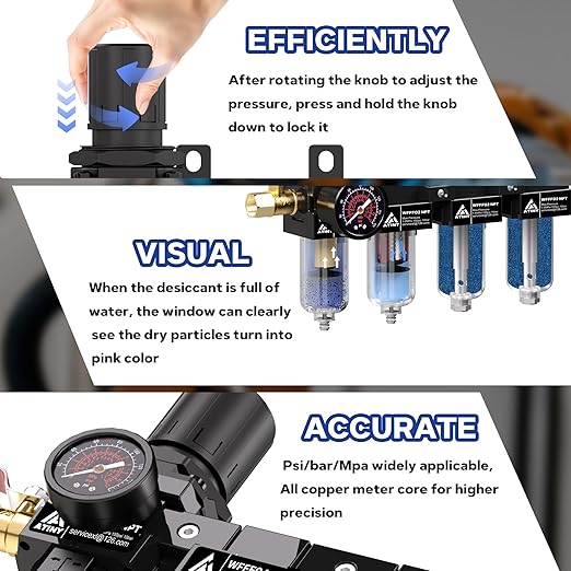 1/4" NPT 4 Stage Air Compressor Dryer System,Air Drying System Brass Filter&Coalescing Filter,Double Desiccant Dryers & Air Regulator, Semi-Auto Drain(Black)