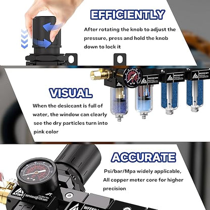 1/4" NPT 4 Stage Air Compressor Dryer System,Air Drying System Brass Filter&Coalescing Filter,Double Desiccant Dryers & Air Regulator, Semi-Auto Drain(Black)