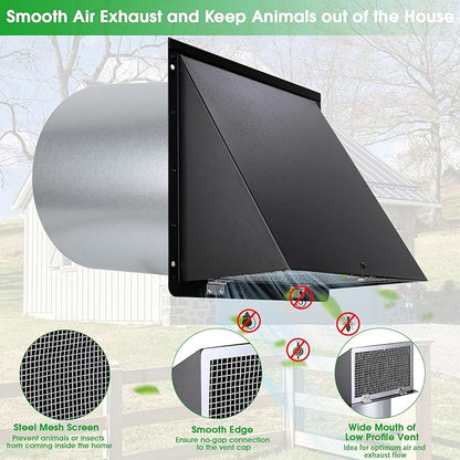 6 Inch Hooded Wall Vent with Screen and Damper,6 Inch Wall Exhaust Vent Cover Dryer Ventilation Cap Exterior for Kitchen Range Hood Air Exhaust,External Extractor w/Non Return Flap,Galvanized Steel