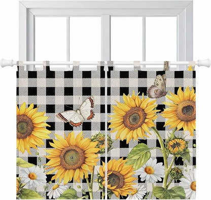 Sunflowers Kitchen Curtains 45 Inch Length, Short Cafe Window Curtains Tab Top, Yellow Flowers Butterfly Farmhouse Black Plaid Light Filtering Window Treatments Tier Drapes 27.5"x45" 2 Panel