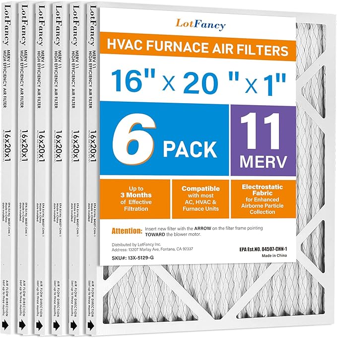 LotFancy 16x20x1 Air Filter MERV 11 6-Pack, Electrostatic Pleated AC Furnace Air Filter, Captures Dust, Smog & Pet Dander, Actual Size: 15.75"x15.75"x0.75"