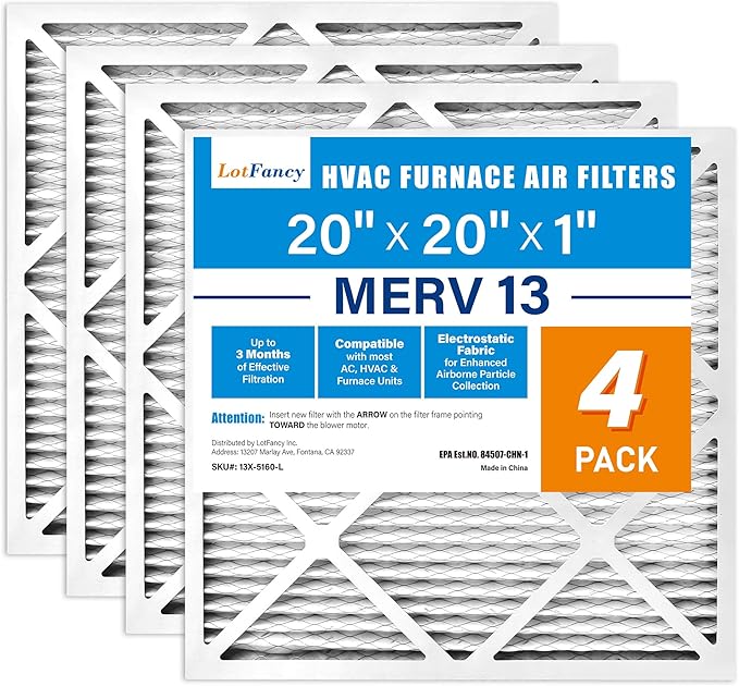 LotFancy 20x20x1 Air Filter MERV 13 4-Pack, Electrostatic Pleated HVAC Furnace Air Filter, Captures Pet Dander Smog Smoke, Actual Size: 19.75"x19.75"x0.75"