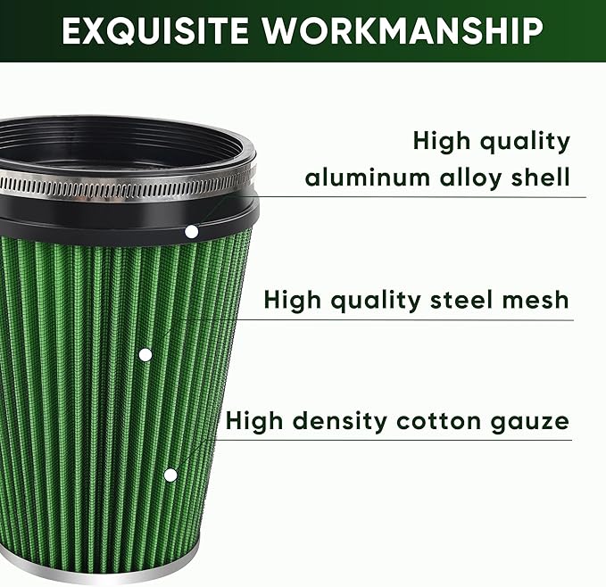6" 152mm Cold Air Intake Filter Clamp-On Replacement High Flow Inlet Air Filter High Performance Washable Cone Filter 9" Tall Green