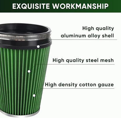 6" 152mm Cold Air Intake Filter Clamp-On Replacement High Flow Inlet Air Filter High Performance Washable Cone Filter 9" Tall Green