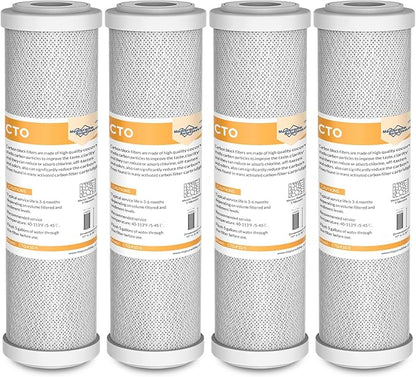 Membrane Solutions 5 Micron 2.5" x 10" CTO Carbon Block Water Filter Cartridge Replacement for Whole House Filtration Systems, Compatible with WFPFC8002, WFPFC9001, FXWTC, WHKF-WHWC, 4-Pack