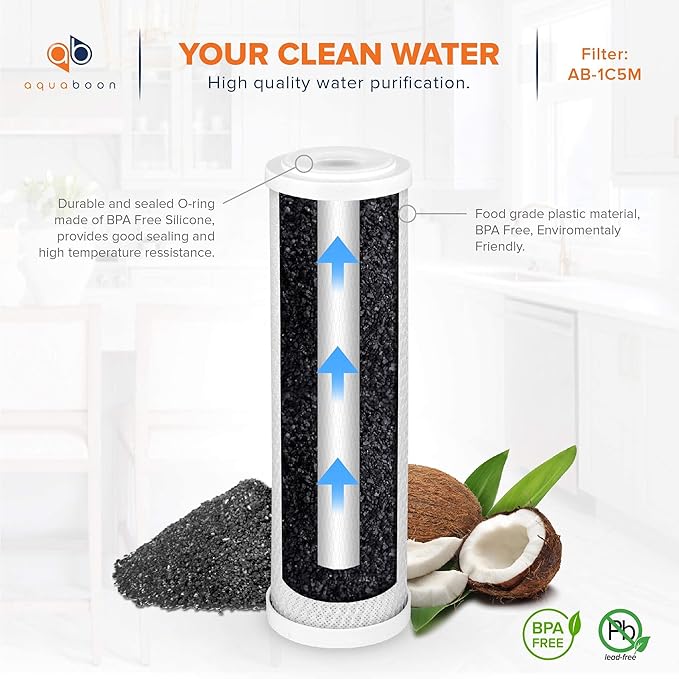 Aquaboon 5 Micron 10 x 2.5 Carbon Block Water Filter Cartridge CTO Whole House Water Filter Replacement Compatible with WHKF-WHWC, FXWTC, 6-PACK