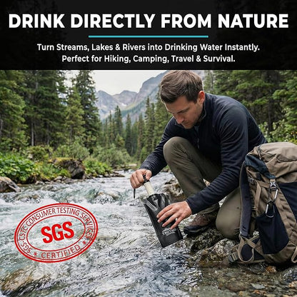 2-Pack Tactiko Survival 20oz/600ml Filtered Water Bottle Kit - Purify 265 Gal. Water from Rivers, Lakes & Streams - SGS Certified - UF Membrane, Activated Carbon - Camping, Emergency (Blk/Blue)